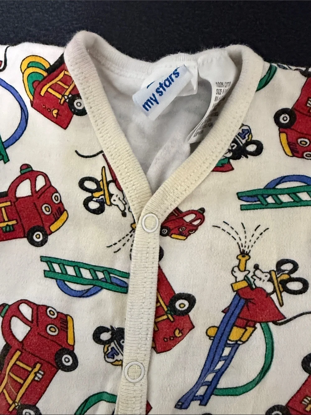 Cream Firetruck & Ladder Print Kids One-Piece Bodysuit 1990’a